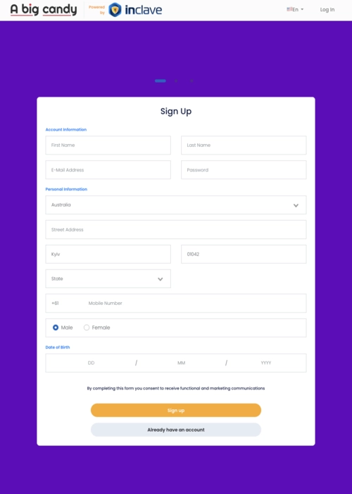 Fast player registration interface A Big Candy Casino